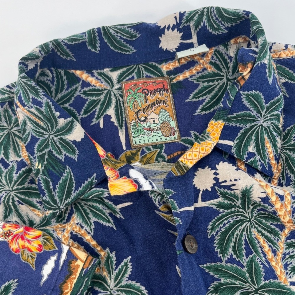 Pineapple Connection Hawaiian Shirt Men Large Navy Blue Rayon Palm Trees Vintage